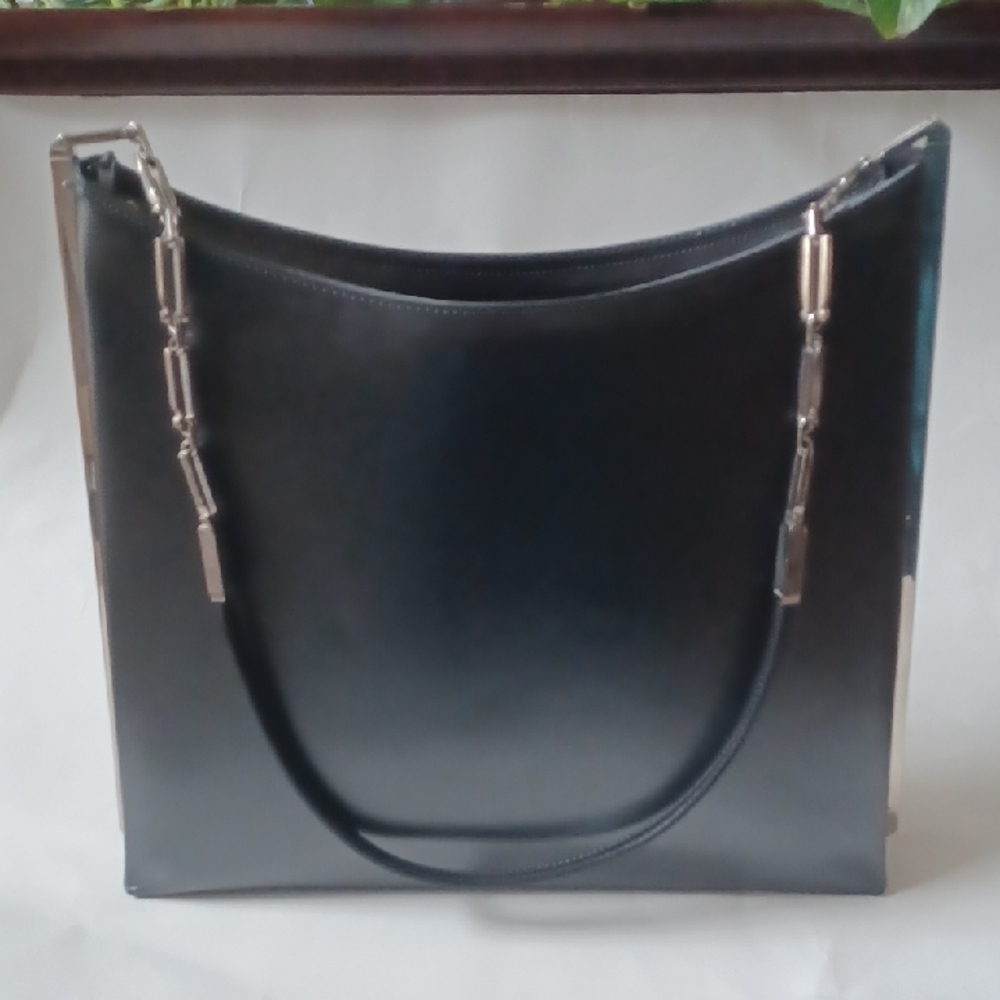 Salvatore Ferragamo Vintage Black Leather Shoulder Bag with Chain Straps EUC